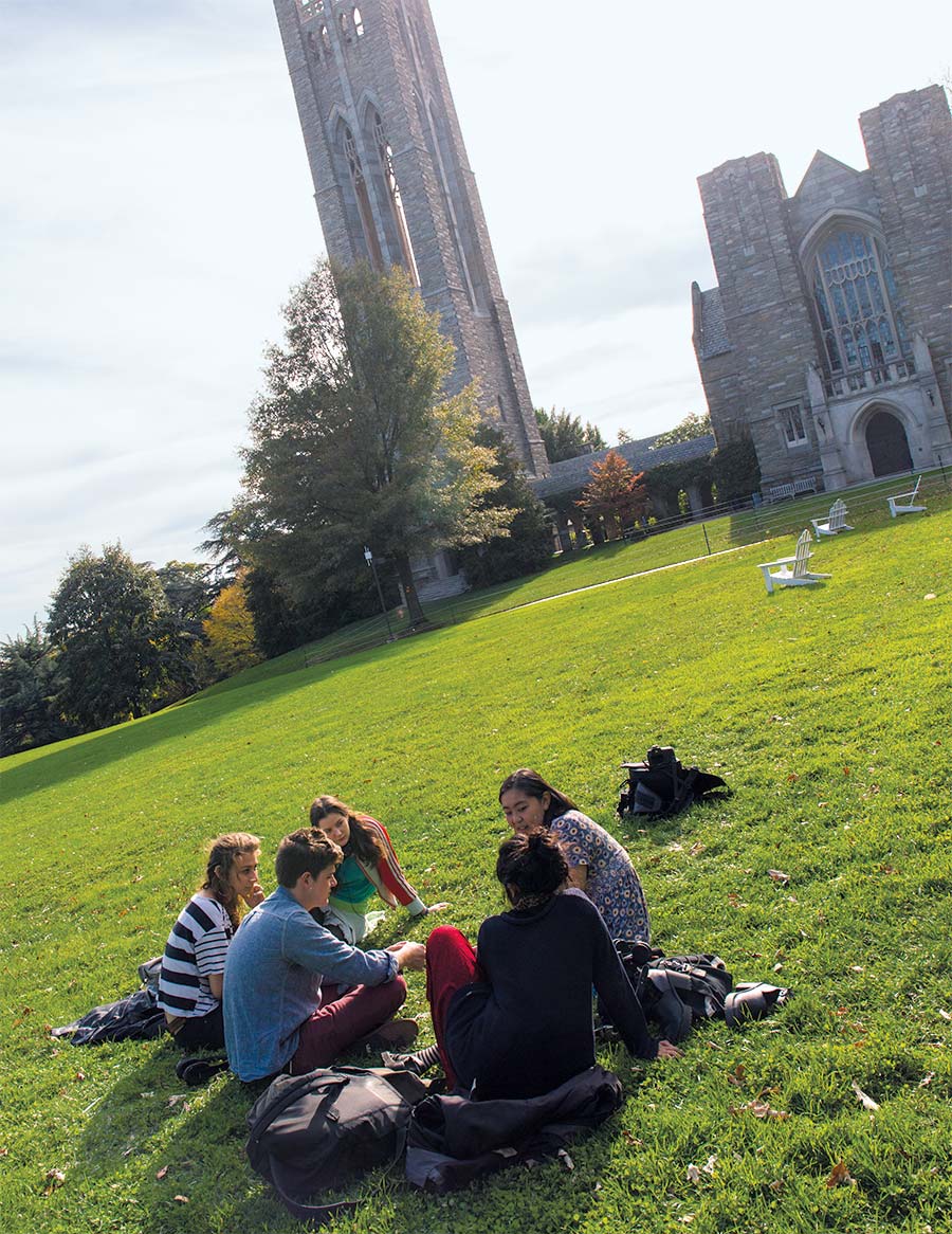 students sitting on the grass of the campus courtyard