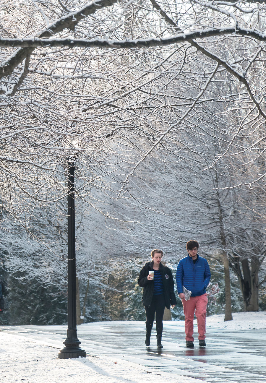 Students walking in the snow on campus