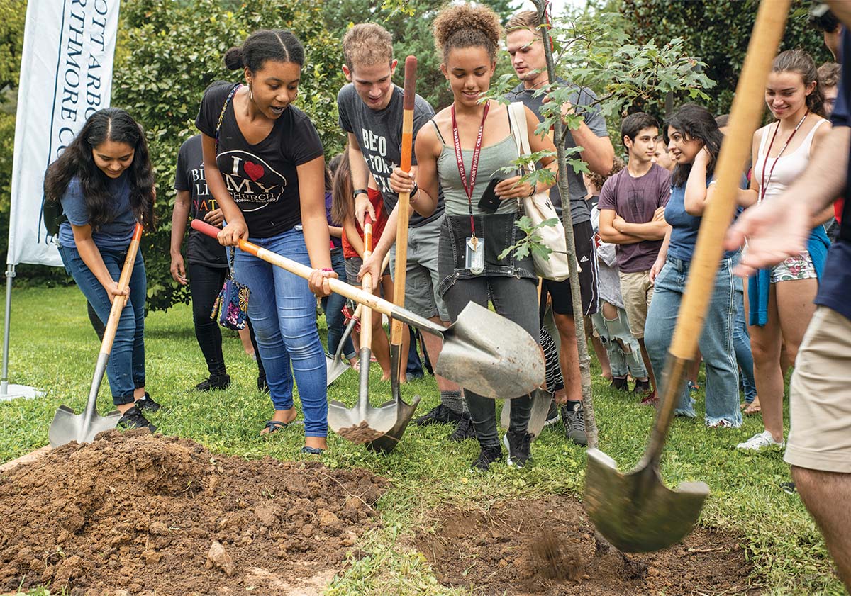 Students planting trees in a volunteer service program