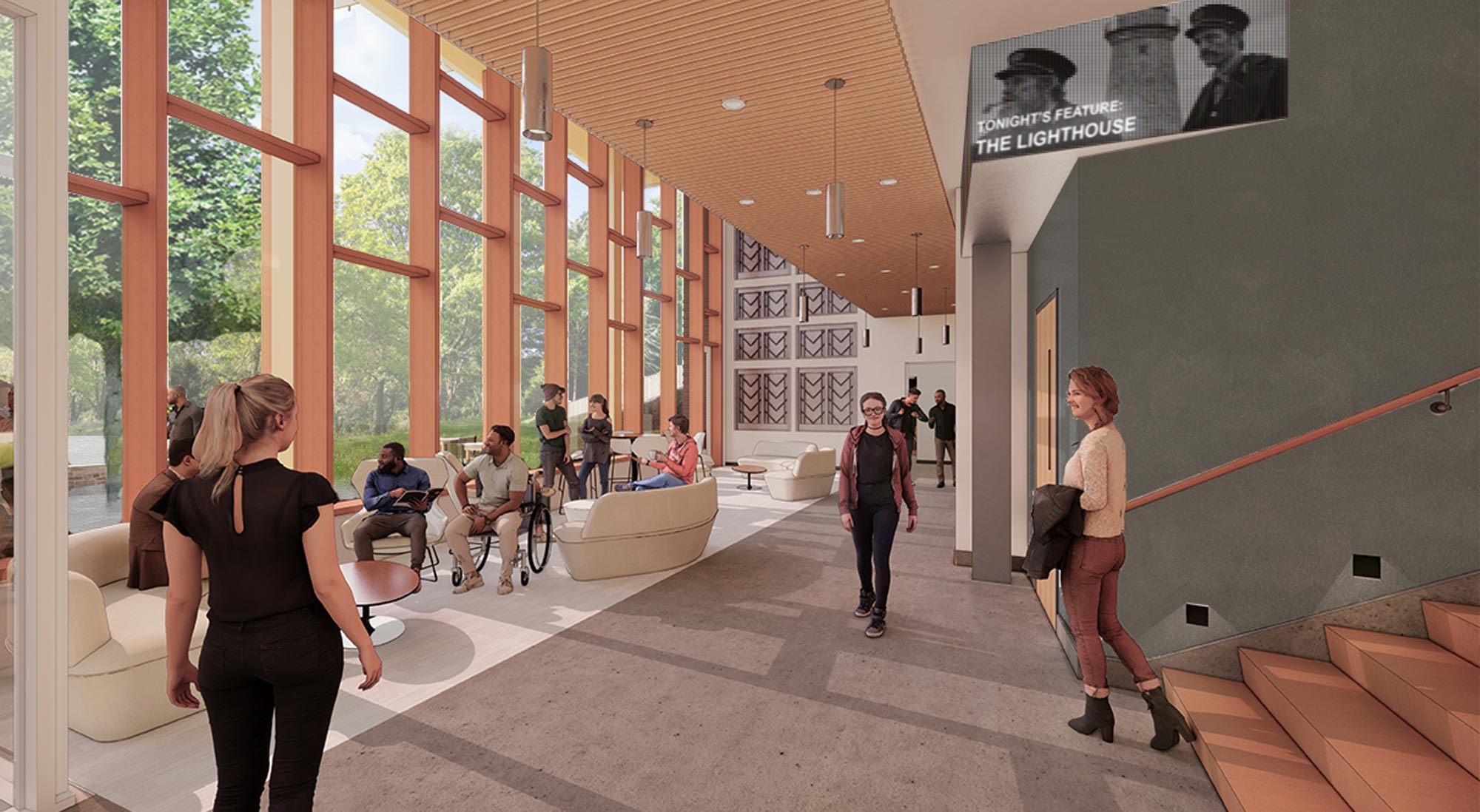 digital rendering of the new entrance to Martin Hall with soaring windows and abundant natural light