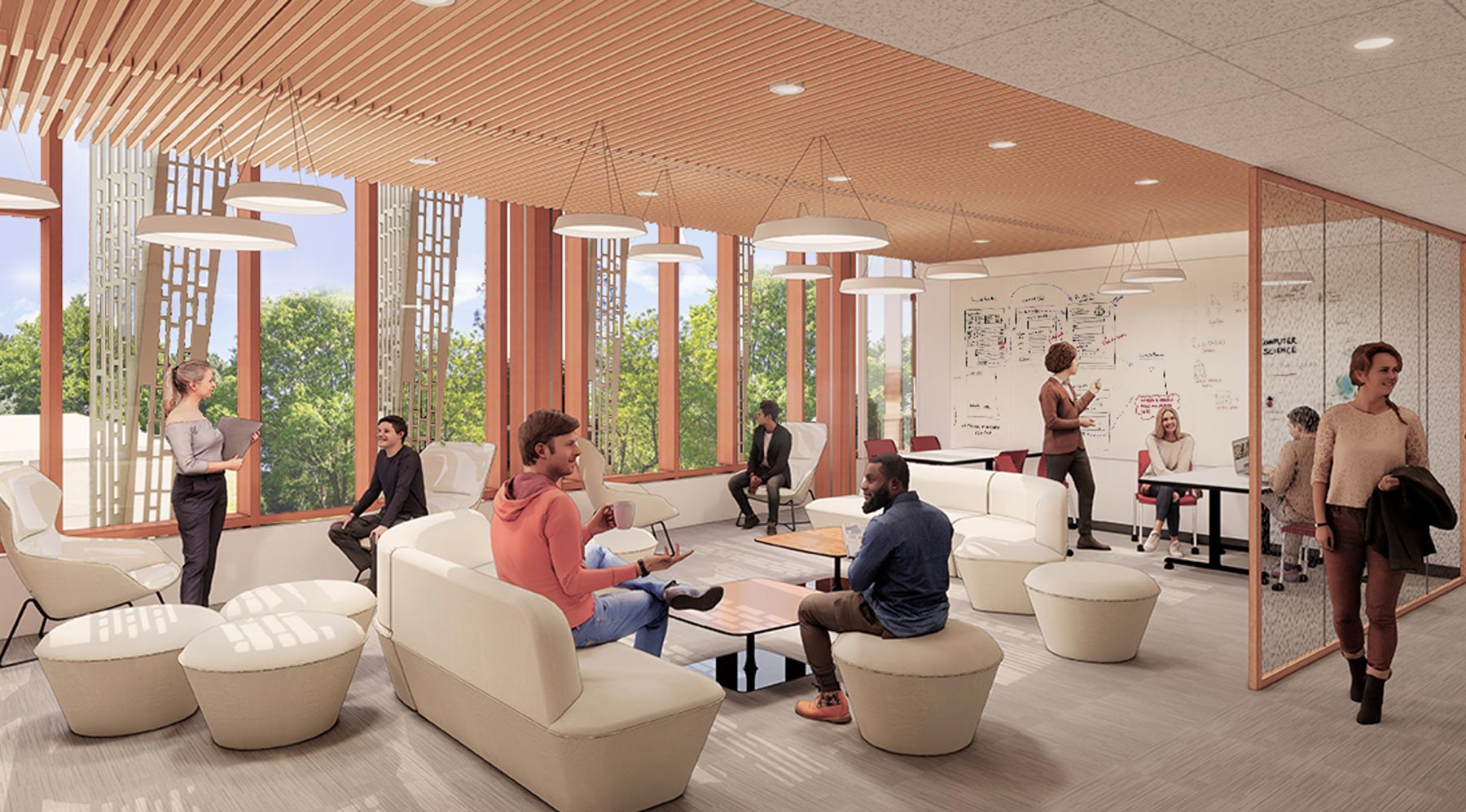 department-specific “living rooms” will provide both students and faculty informal  space to study, connect, and socialize
