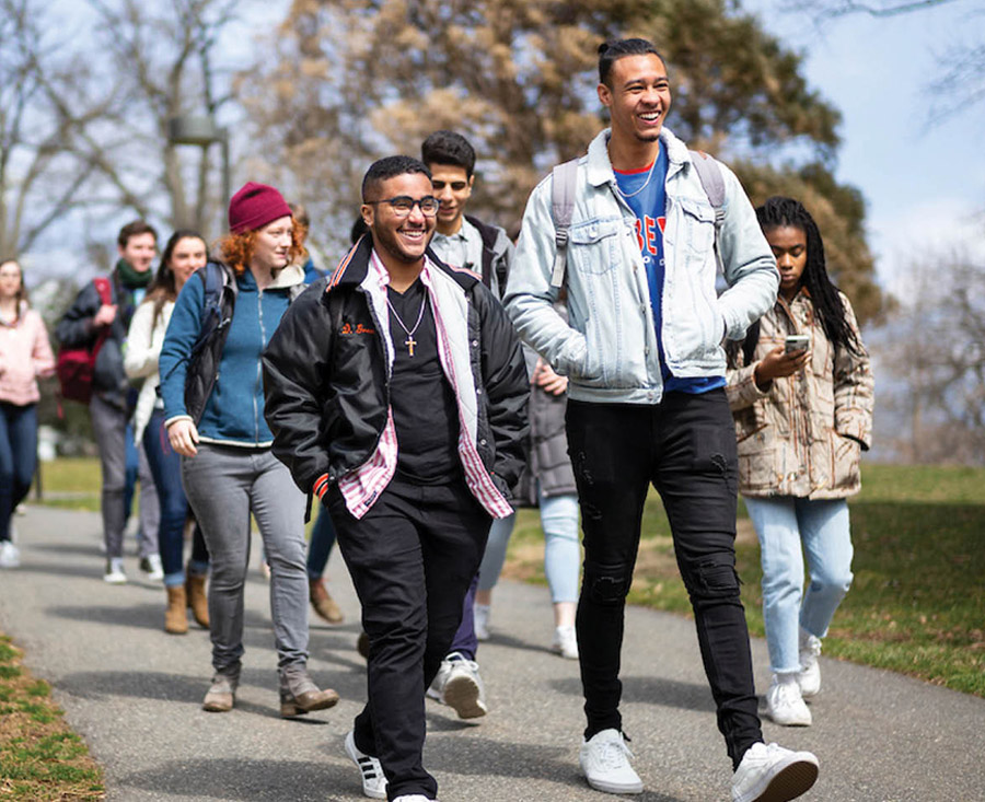 group of Swarthmore students walking on campus