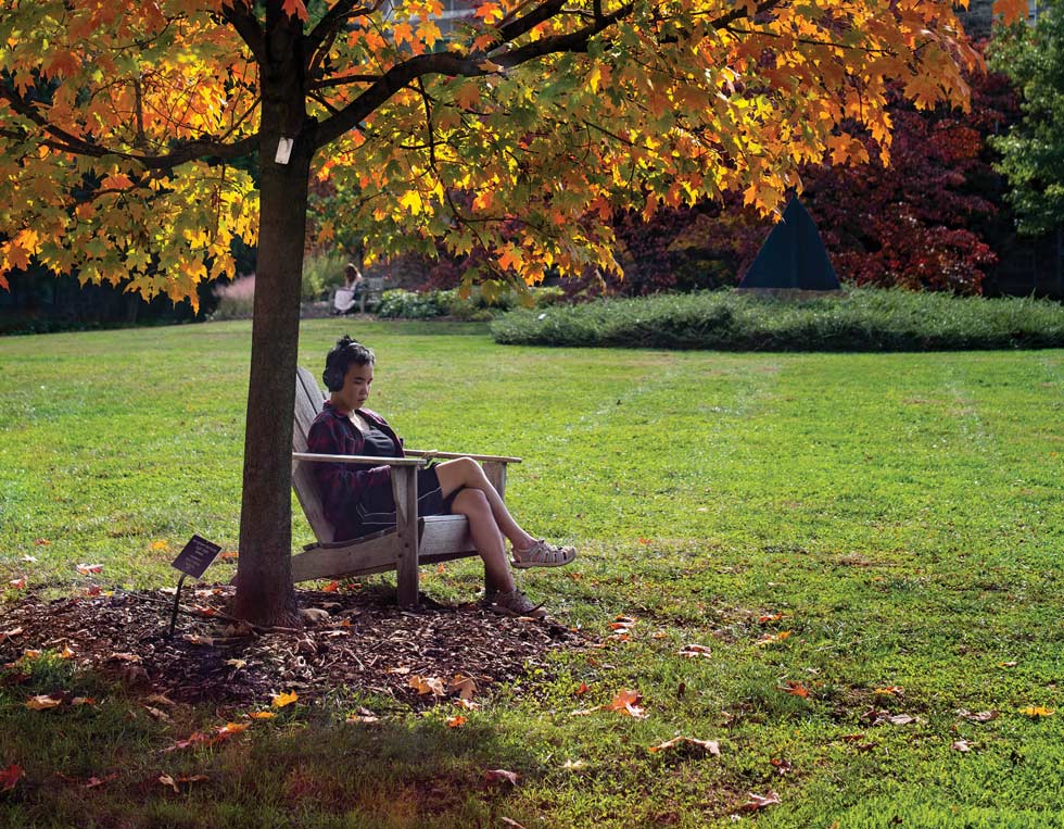 student sitting in a lawn chair under a tree
