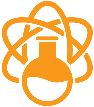 Atom and beaker icon in orange