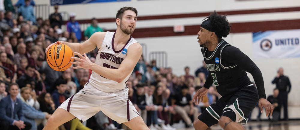 Swarthmore College basketball player about to take a shot over opposing player