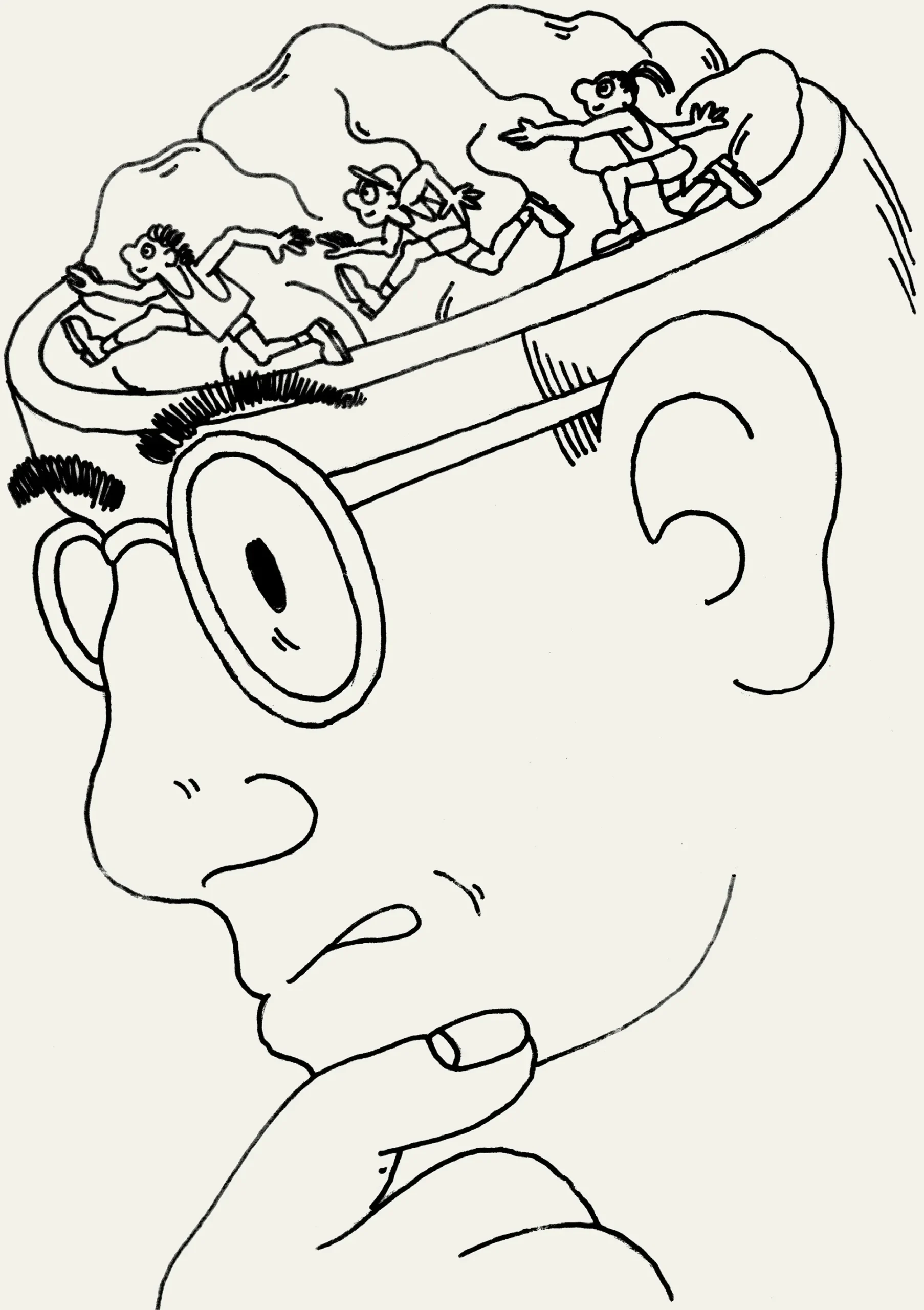 line drawing of a man with the top of his head missing and inside there's his brain and people running laps around it