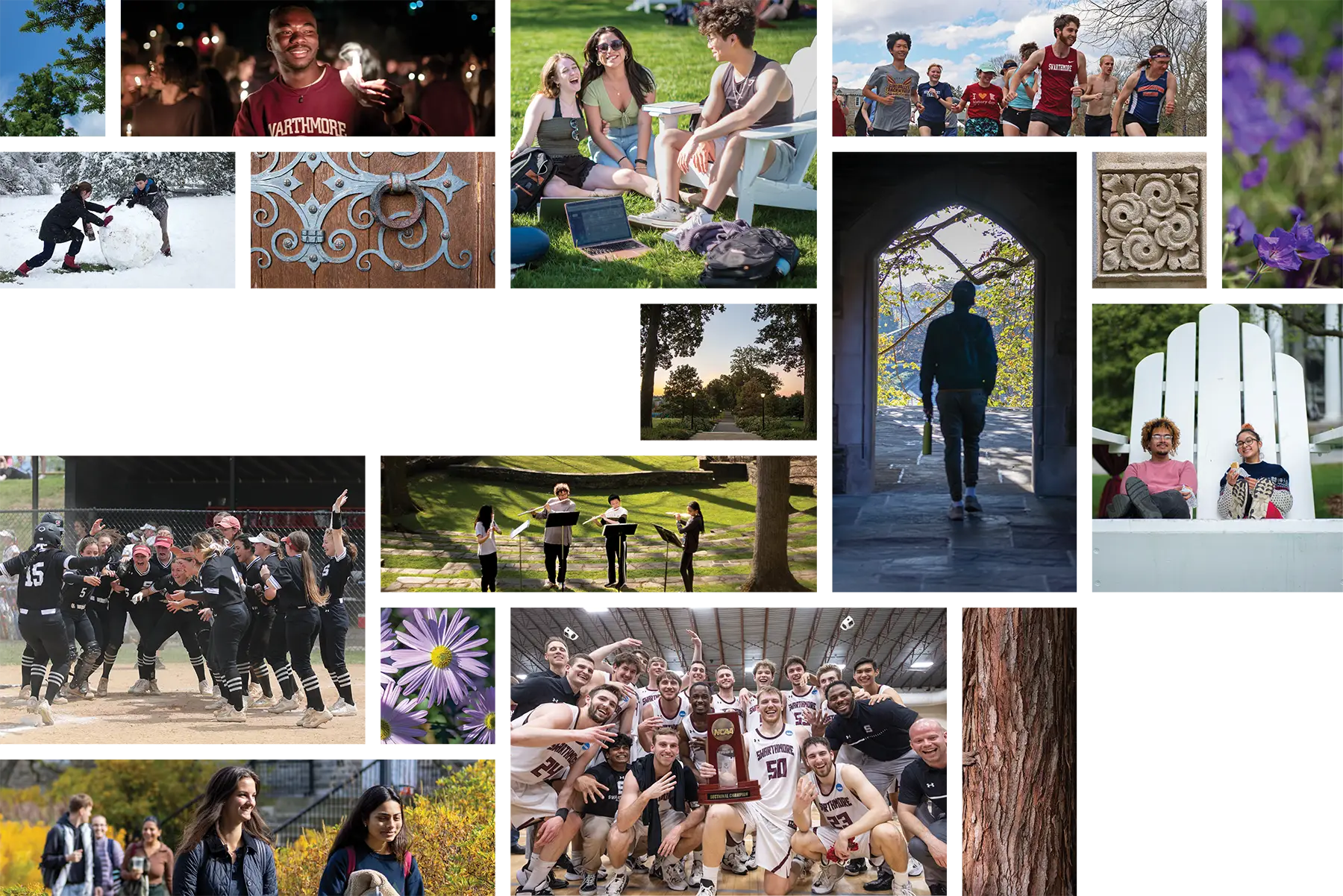 collage of students on Swarthmore campus and student athletes representing Swarthmore