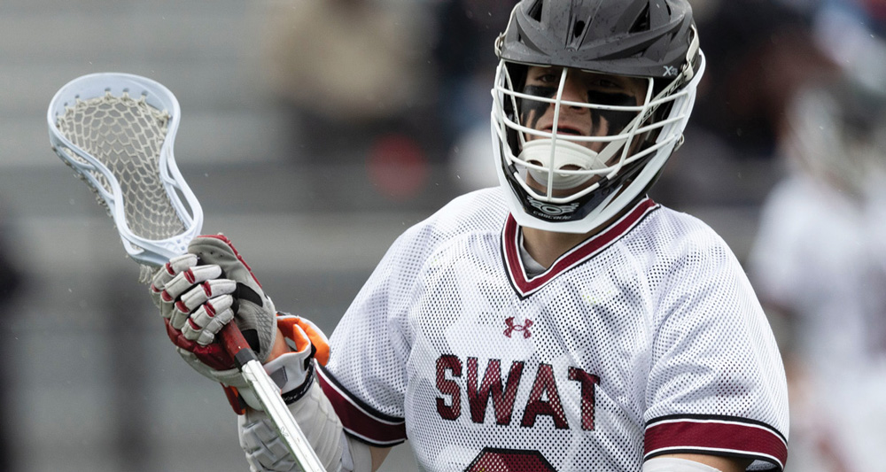 close up of Swarthmore lacrosse player