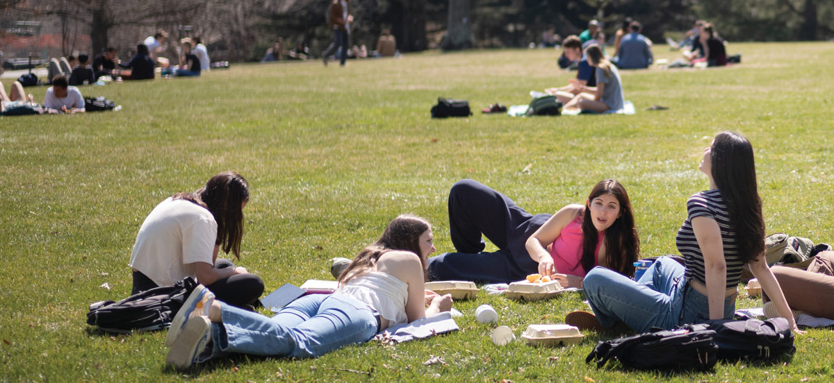 different groups of students sitting in a grass field on campus