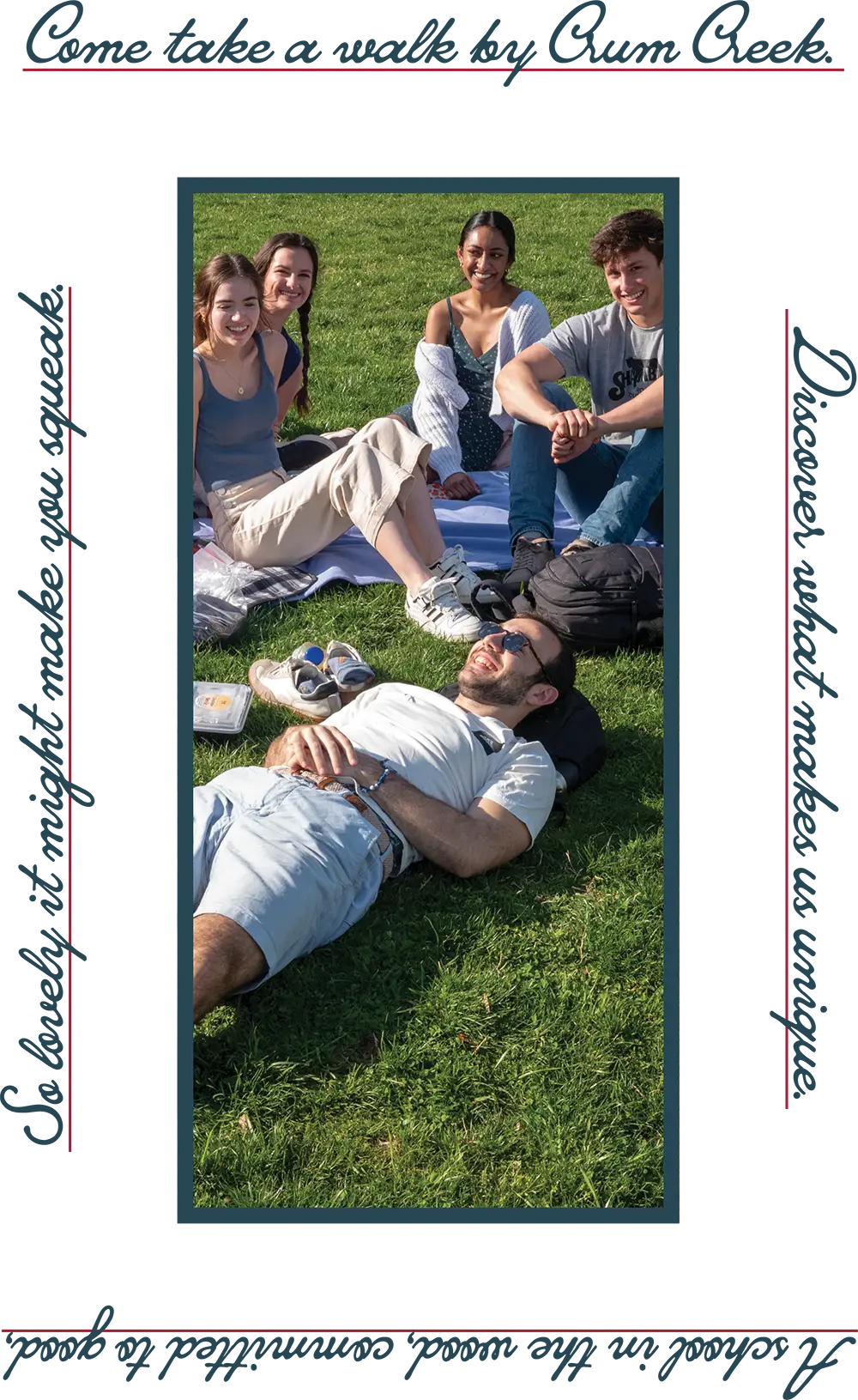 students sitting in the grass with their school bags with them