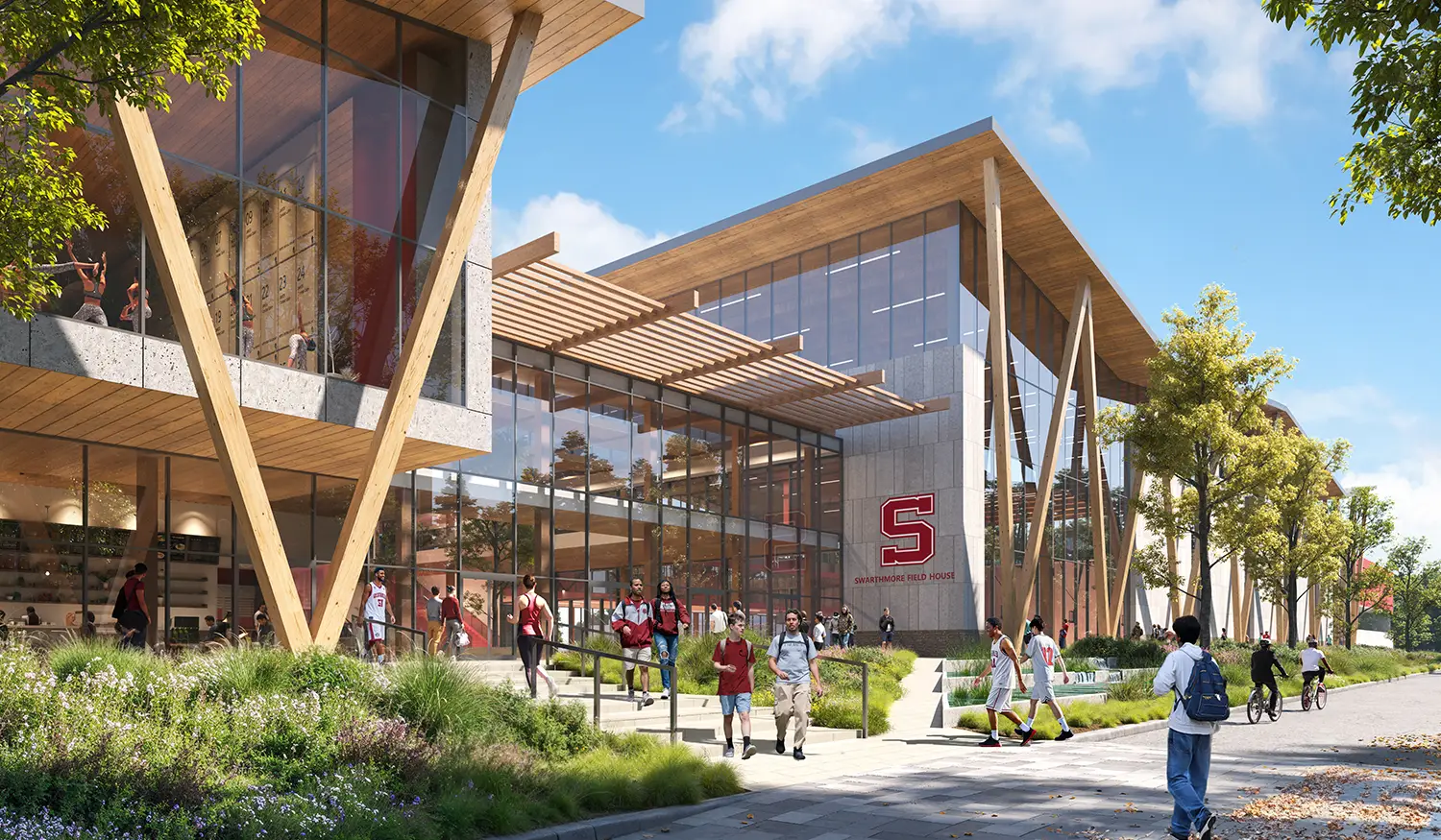 Modern building with glass walls and wooden beams, surrounded by people and greenery.