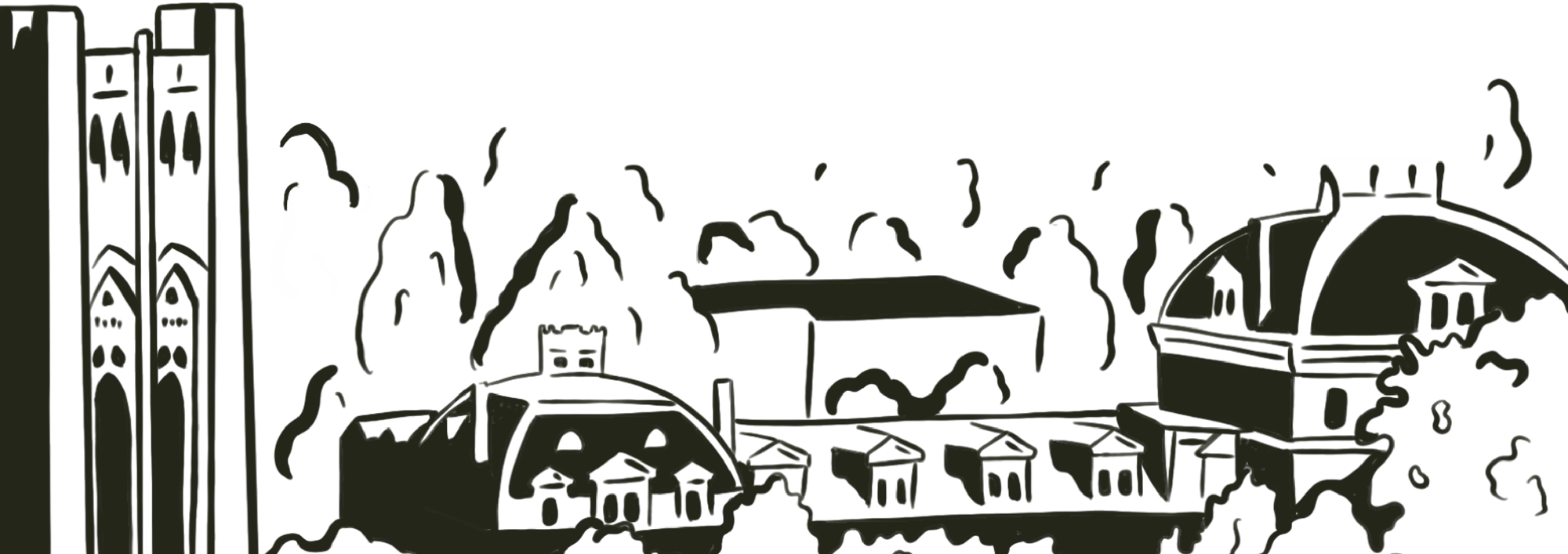 Illustrated buildings with towers, connecting corridors, and a domed structure surrounded by foliage.