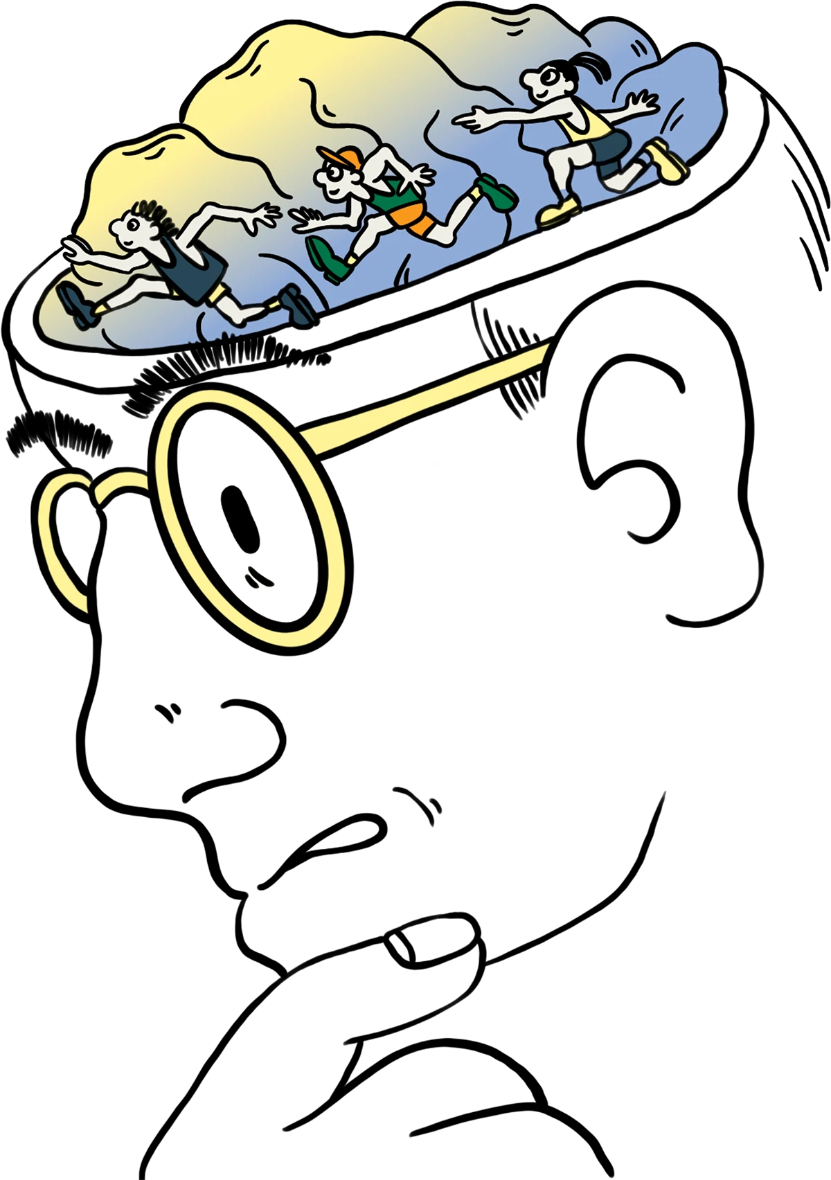 line drawing of a man with the top of his head missing and inside there's his brain and people running laps around it