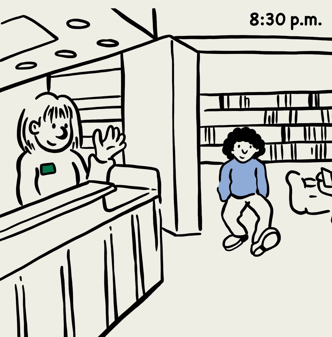 8:30 p.m.: illustration of a student walking through the library