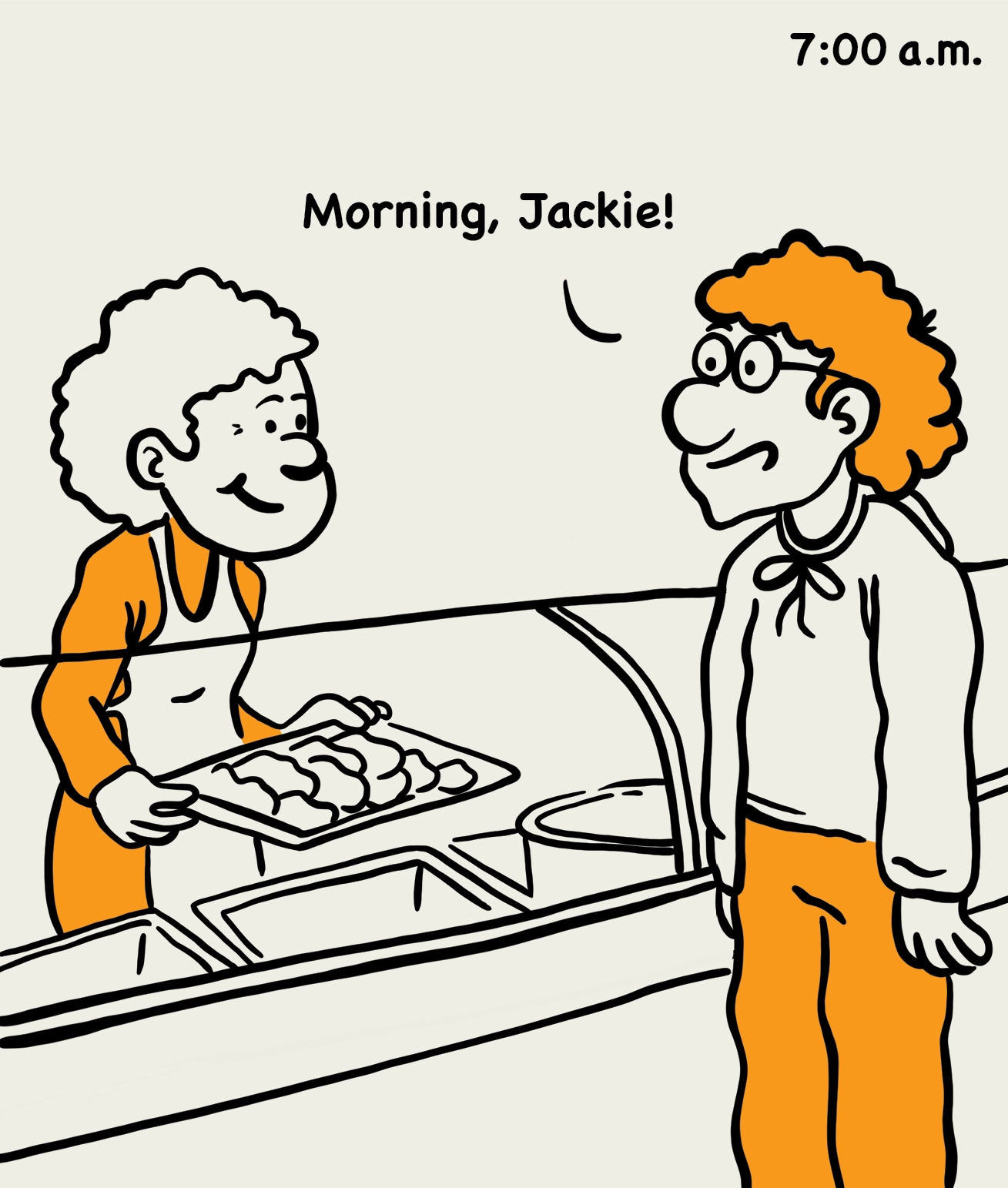 7:00 a.m.: illustration of student getting breakfast from a cafeteria