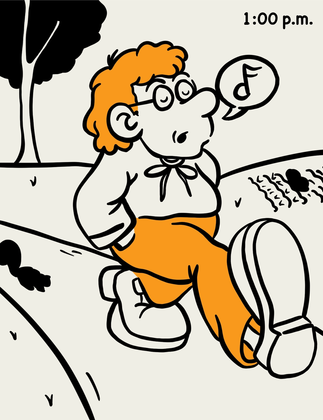 1:00 p.m.: illustration of a student walking with their hands in their pockets while they whistle a song 