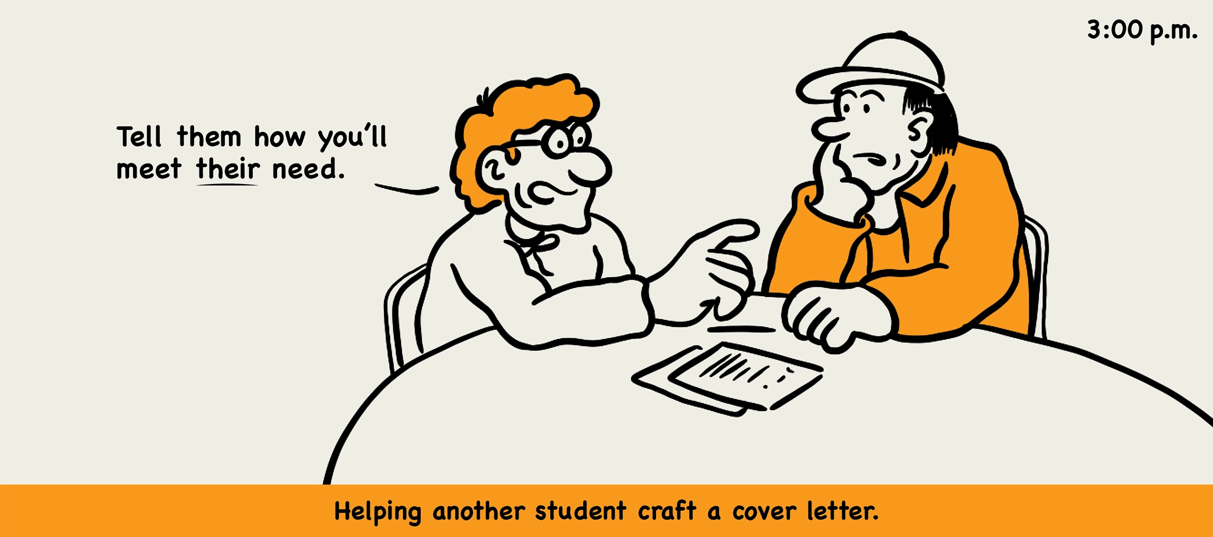 3:00 p.m.: illustration of one student tutoring another