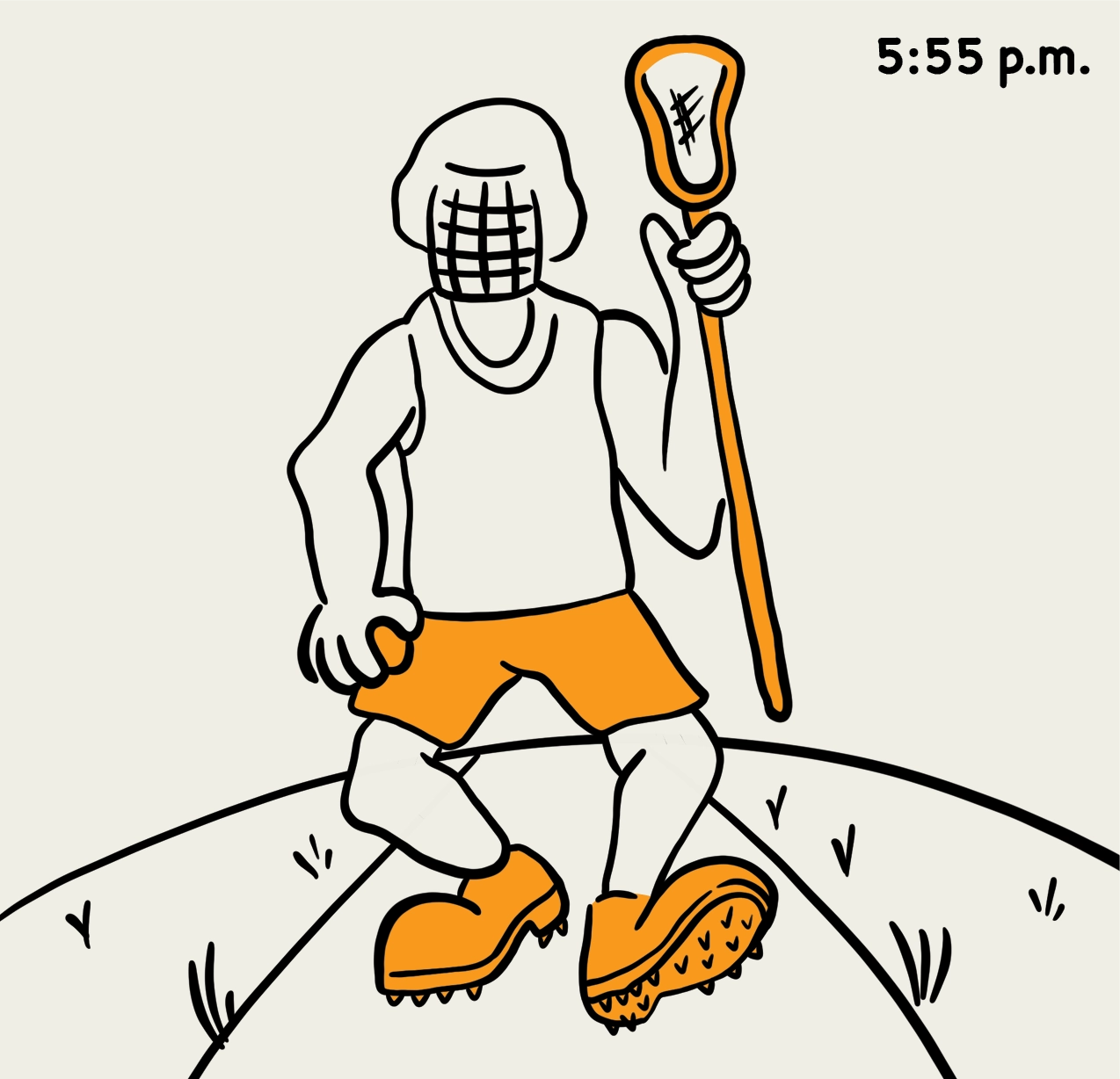 5:55 p.m.: illustration of a person walking while wearing lacrosse gear