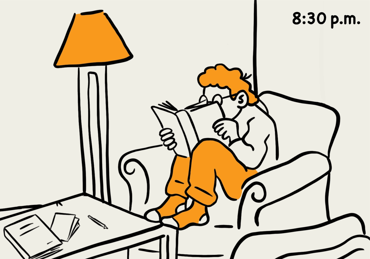 8:30 p.m.: illustration of a student balled up on the couch with their nose in a book