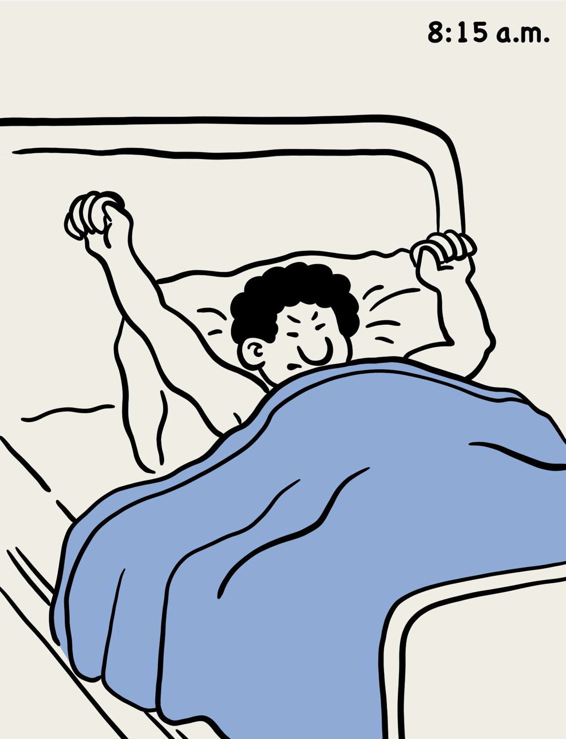8:15 a.m.: illustration of student stretching in bed