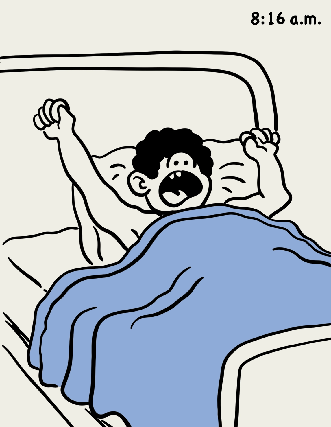 8:16 a.m.: illustration of student stretching and yawning in bed