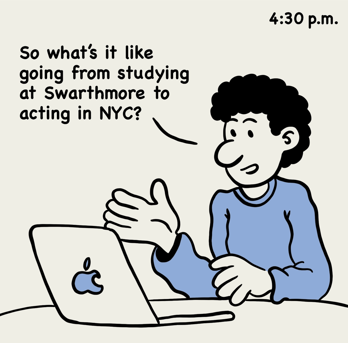 4:30 p.m.: illustration of a student having a video chat on their laptop