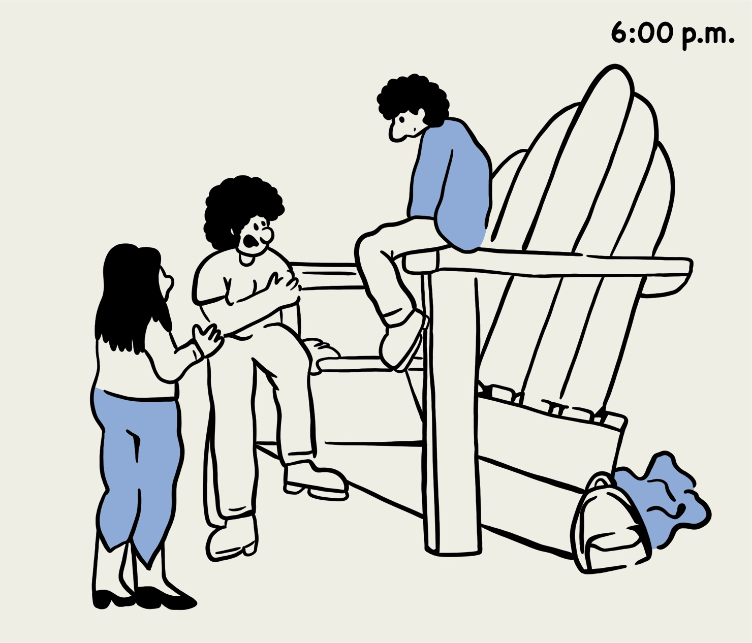 6:00 p.m.: illustration of students hanging out on a big chair