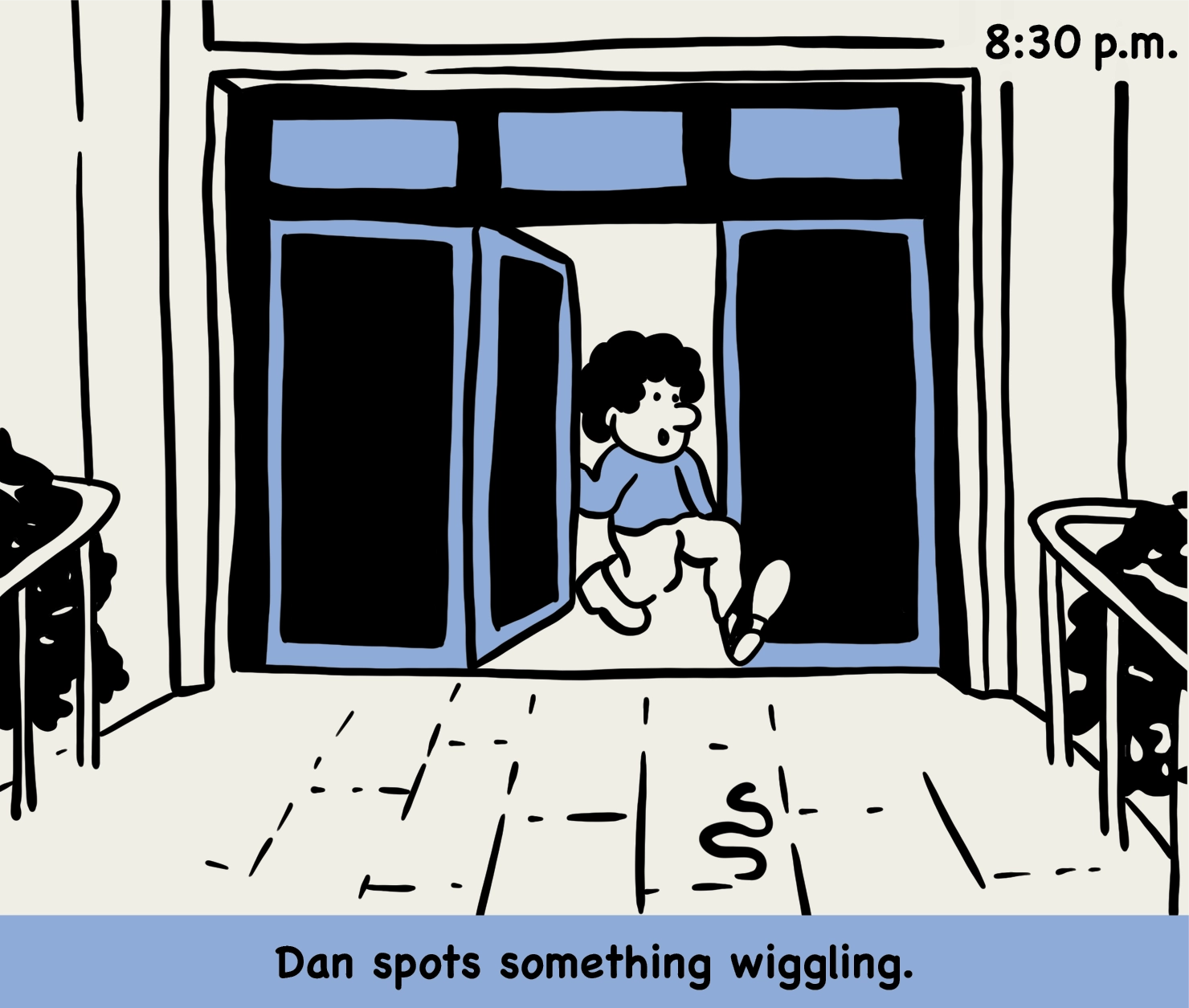 8:30 p.m.: illustration of a student walking out of a building with a snake near the door