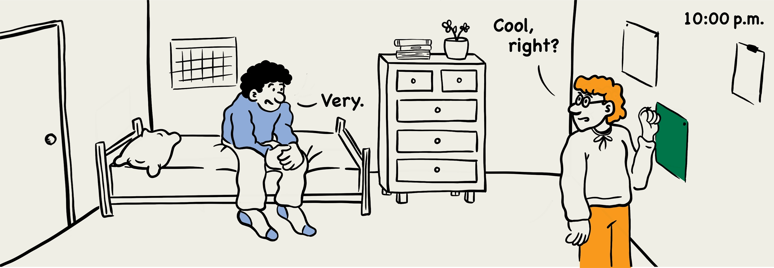 10:00 p.m.: illustration of a student hanging a poster they found on the ground earlier