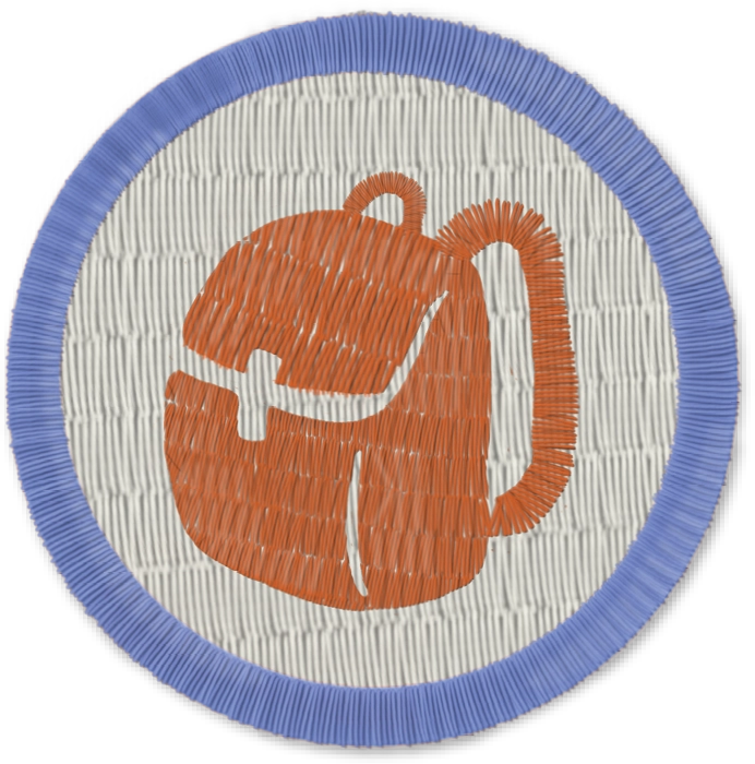 Circular embroidered badge with an orange backpack on a cream background and a blue border.
