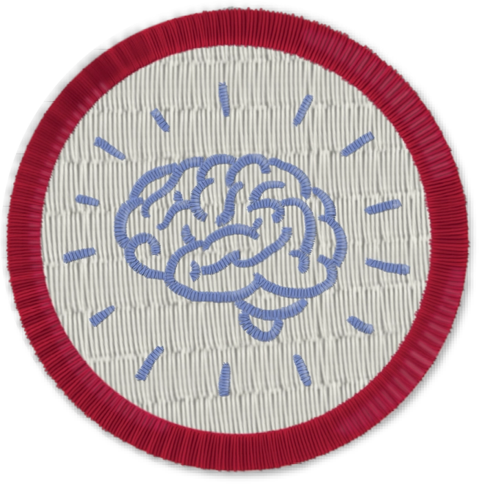Circular patch with a blue brain design and a red border.