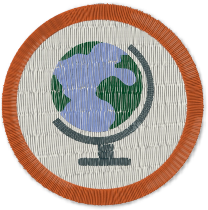 Circular patch with a globe on a stand, bordered in orange.