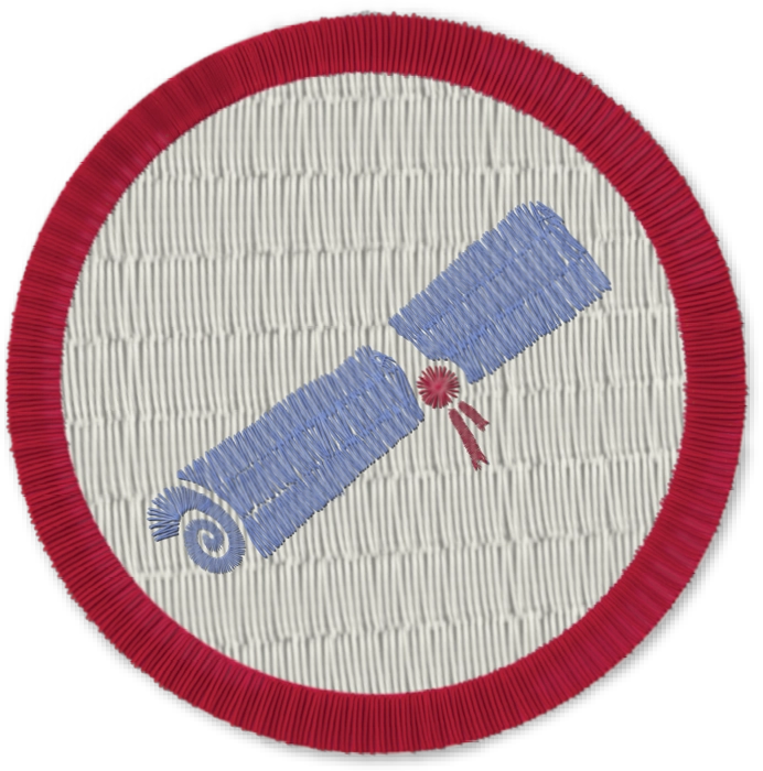 Circular badge with a blue scroll tied by a red ribbon.