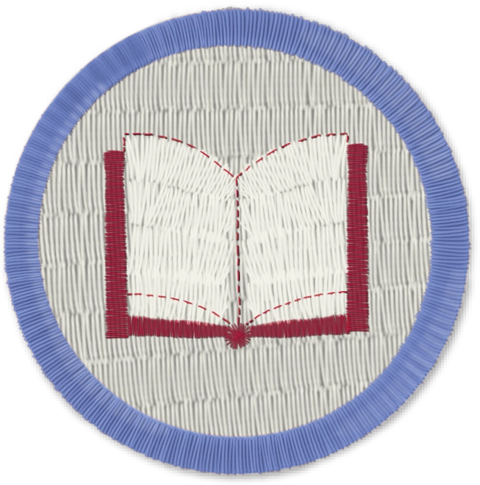 Circular patch with an embroidered open book.