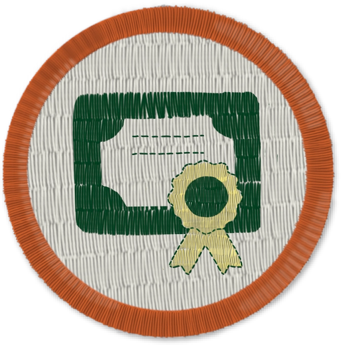 Circular patch with a certificate and ribbon design.
