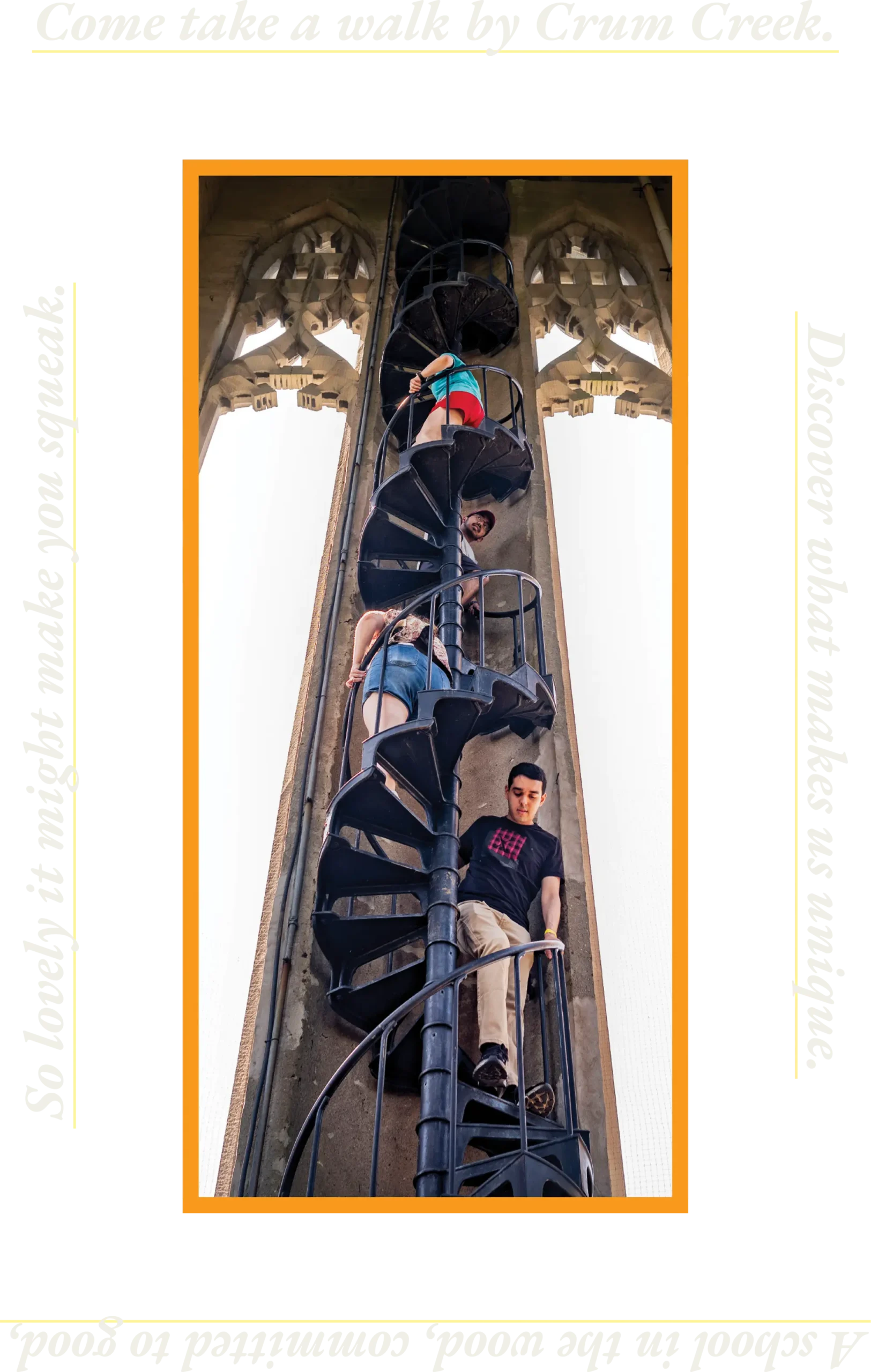 Students climb a metal spiral staircase set within stone arches, framed by poetic text on a black border.
