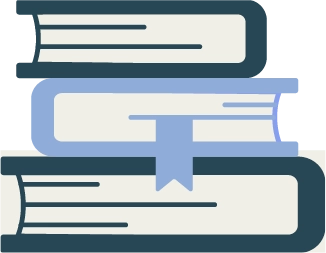 Graphic illustration of a stack of three books, with a light blue bookmark hanging down from the middle book.