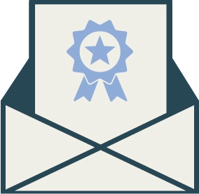 Graphic illustration of an open envelope containing a letter marked with a blue star-shaped award ribbon.