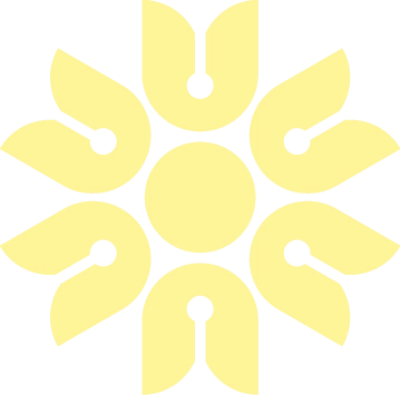 A pale yellow geometric sunburst icon consisting of a center circle surrounded by six stylized petal shapes.