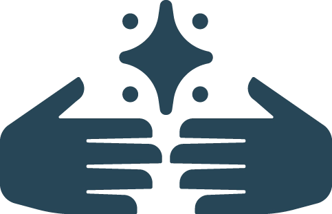 A dark blue icon showing two open hands reaching toward each other beneath a four-pointed star with small dots.